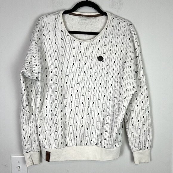 Naketano Sweatshirt Womens M Anchor Print Cream Black Pullover Shirt - Picture 5 of 9